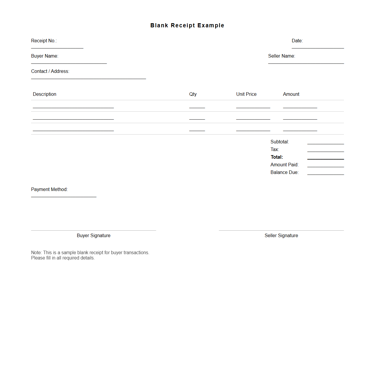 Blank Receipt Example for Buyer Transactions