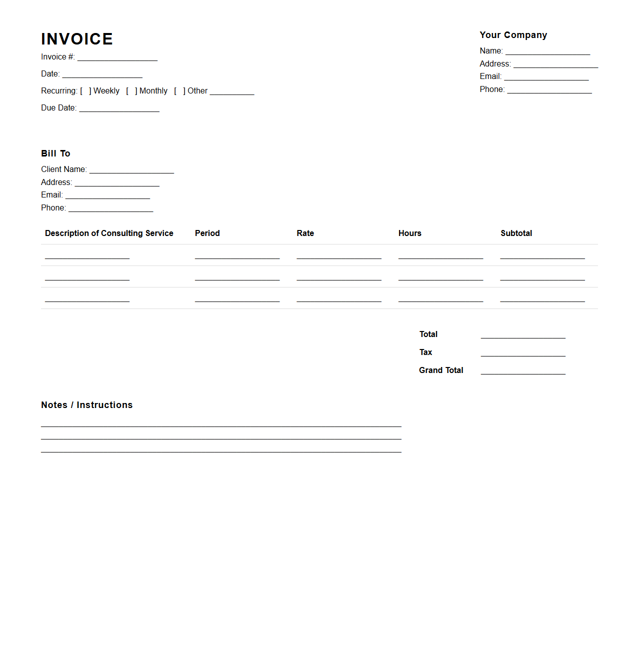 Blank Recurring Consulting Invoice Template
