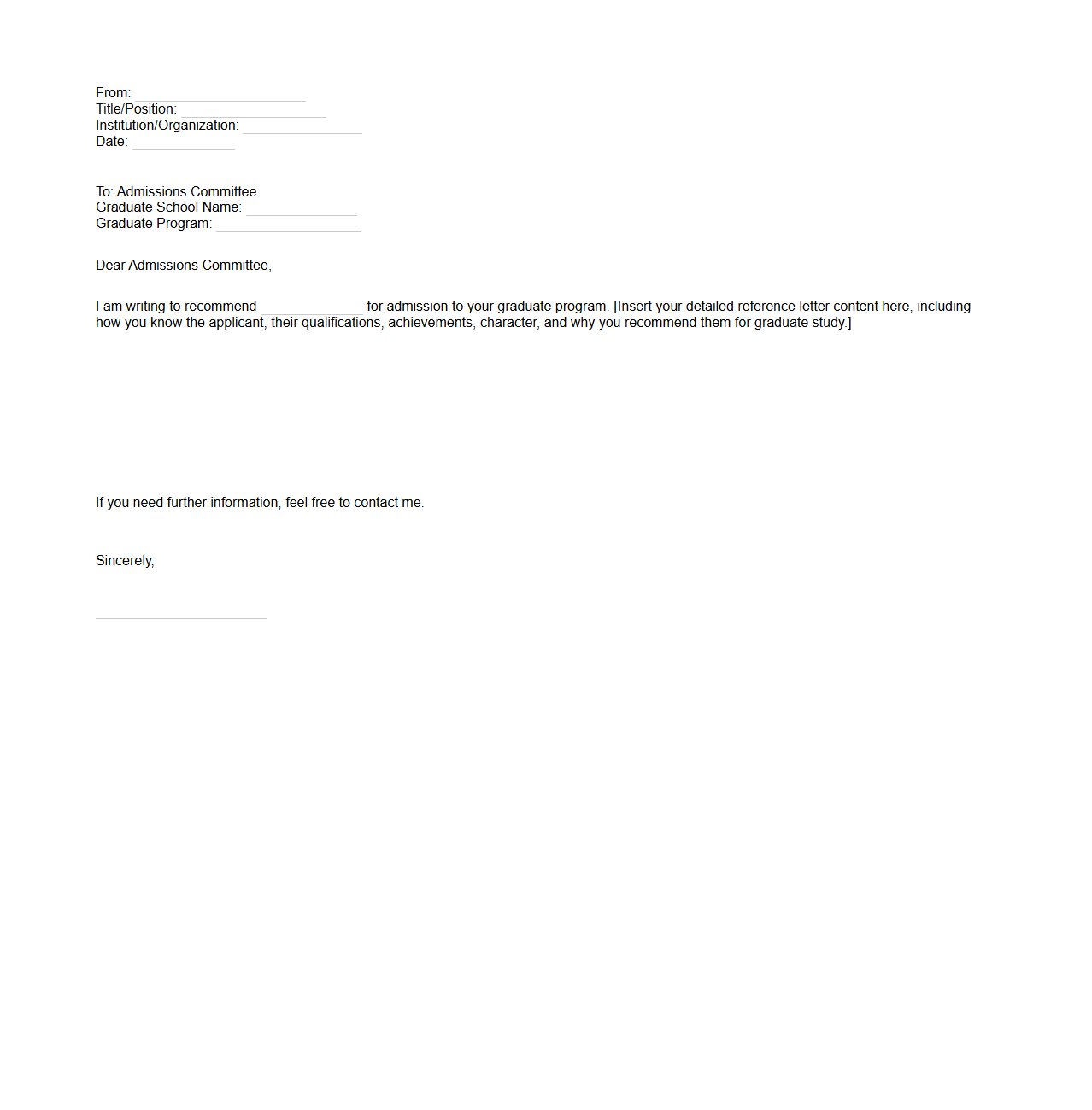 Blank Reference Letter Template for Graduate School