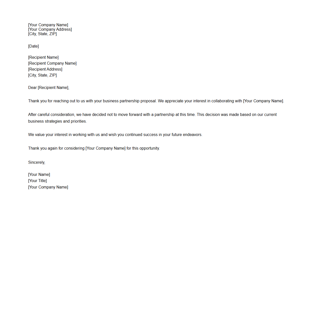 Blank Rejection Letter Template for Business Partnership Declines