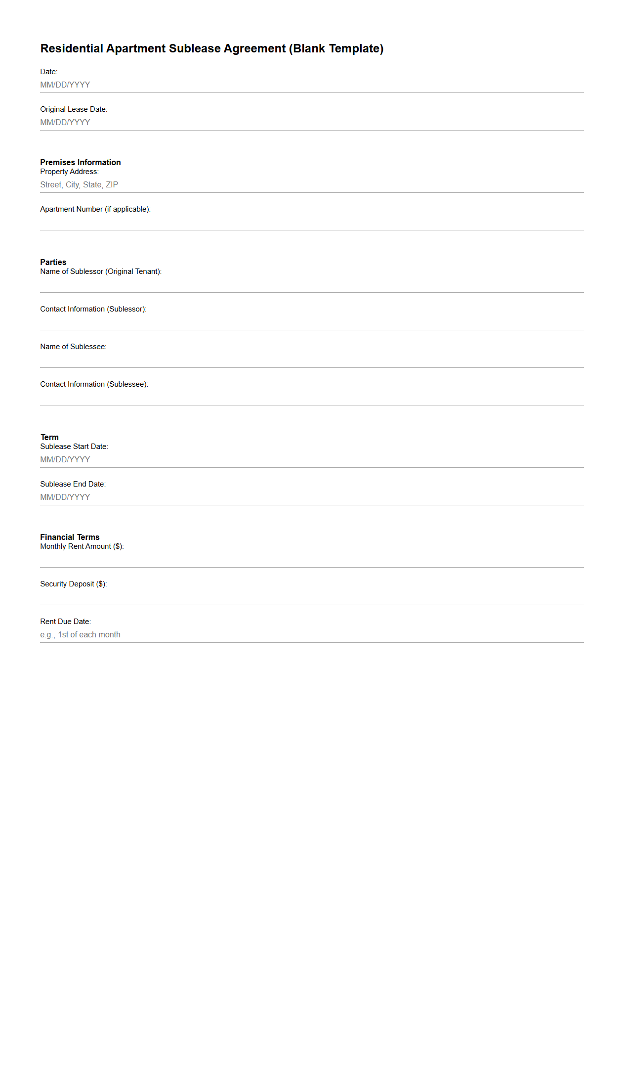 Blank Residential Apartment Sublease Template