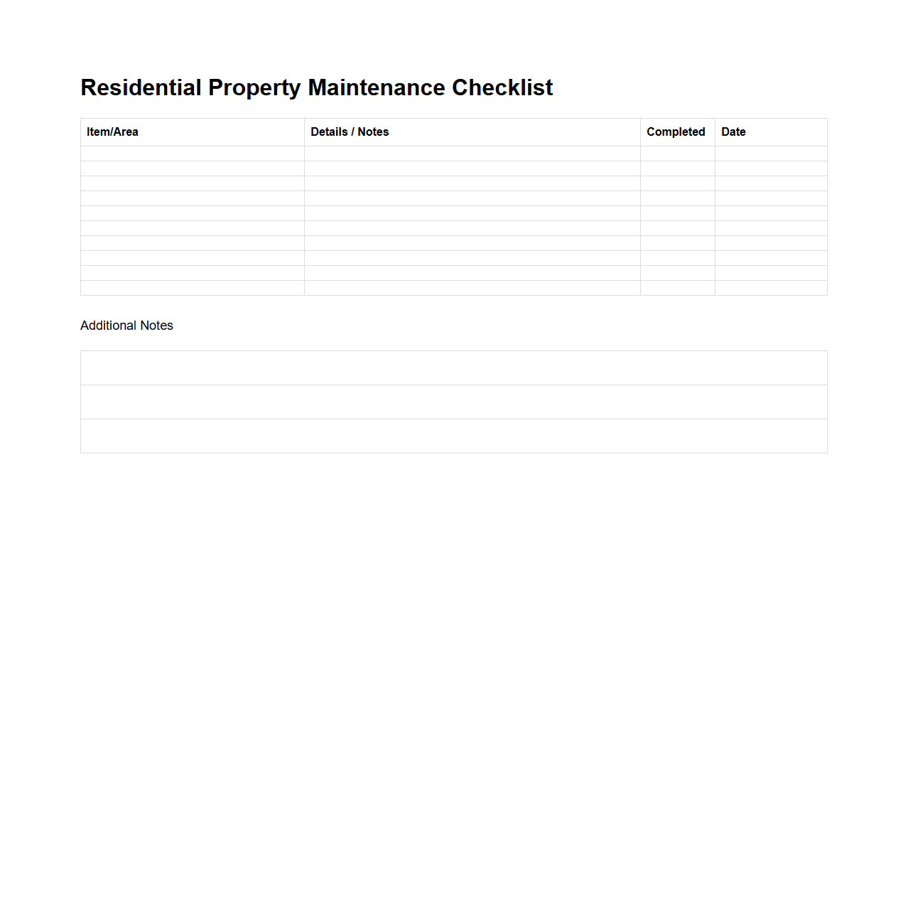 Blank Residential Property Maintenance Checklist Template