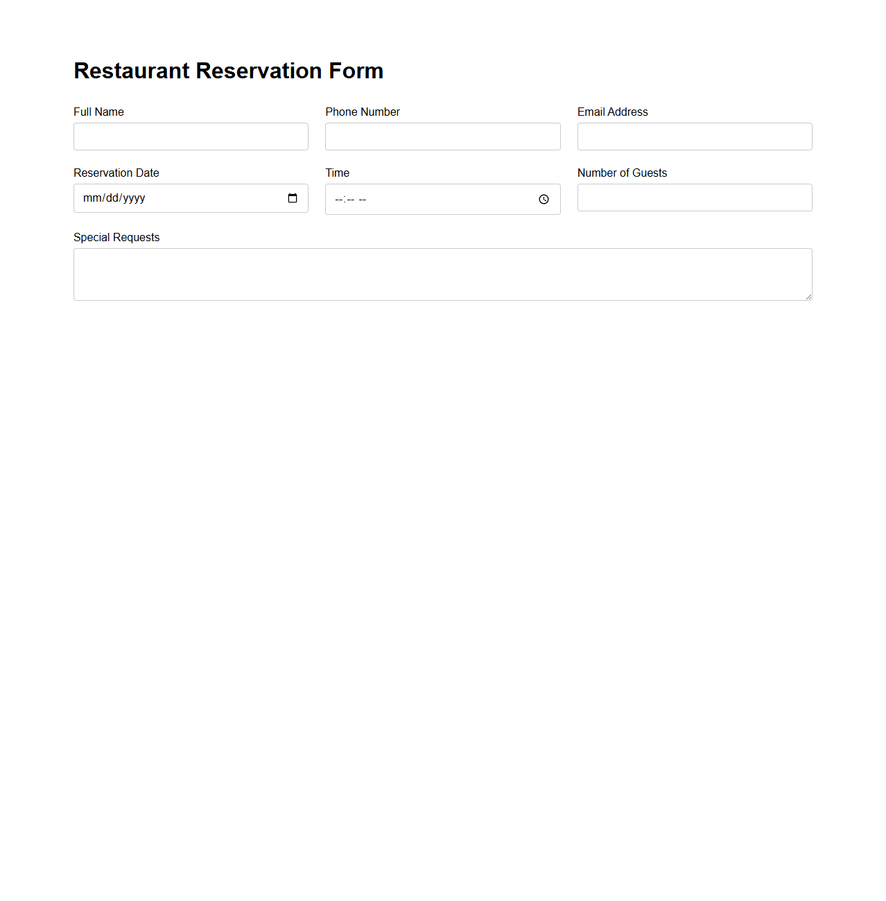 Blank Restaurant Reservation Form Template