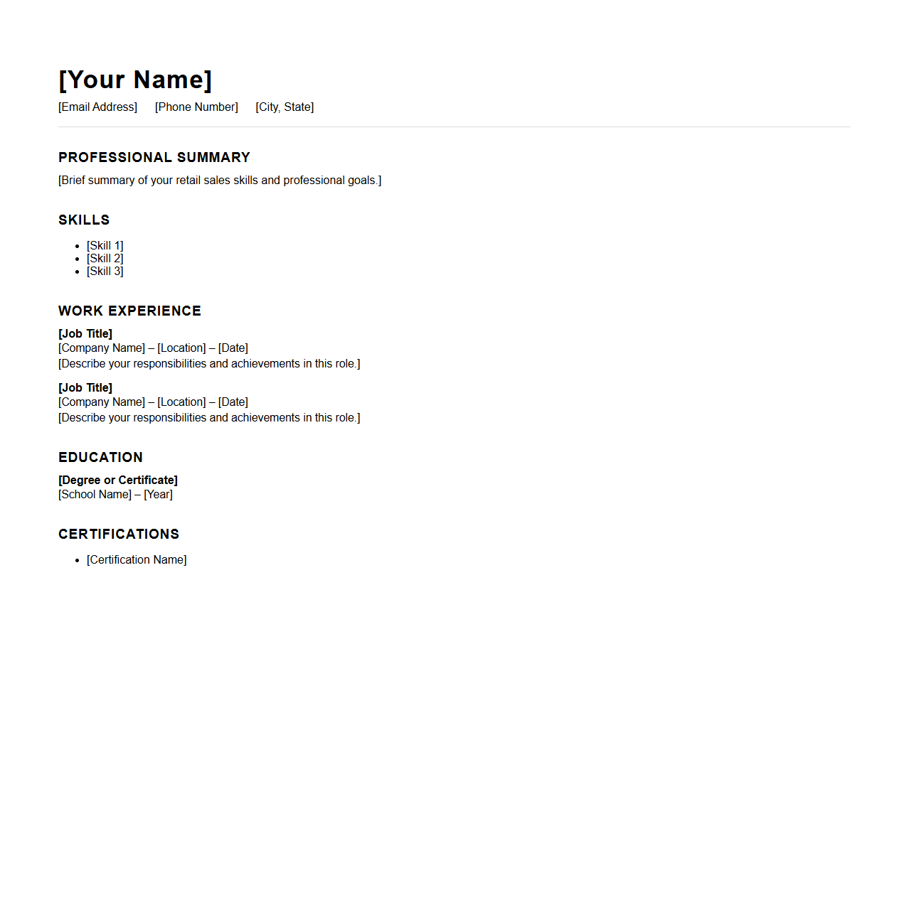 Blank Resume Design for Retail Sales
