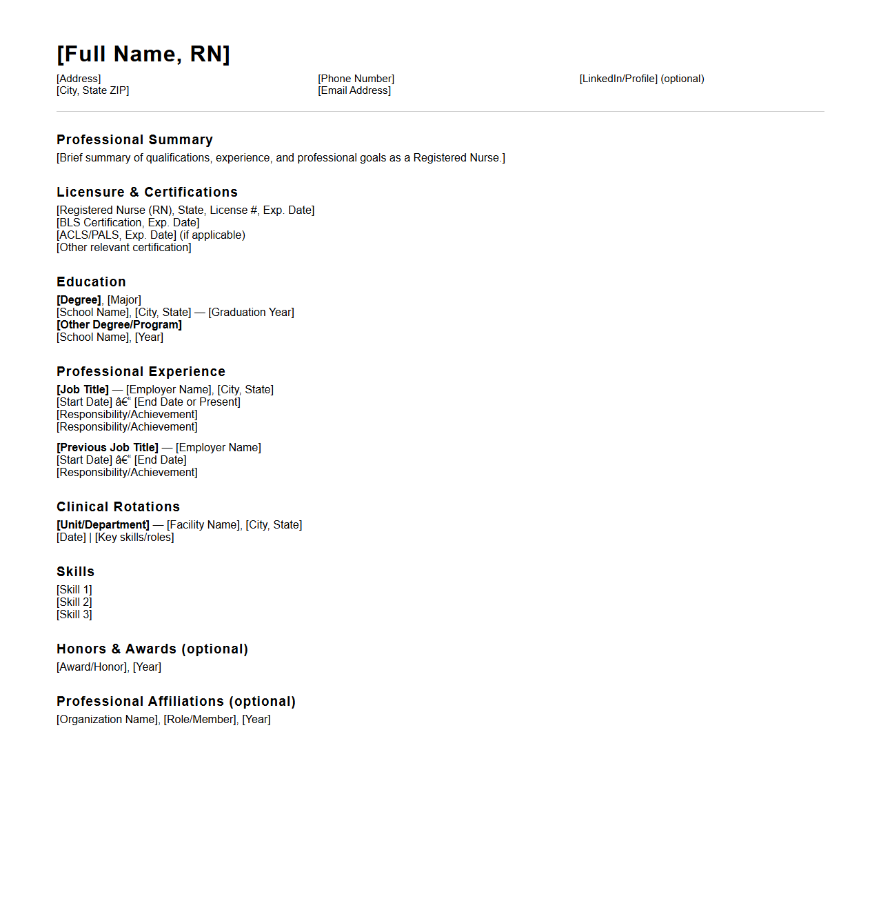 Blank RN Resume Layout for Hospital Applications