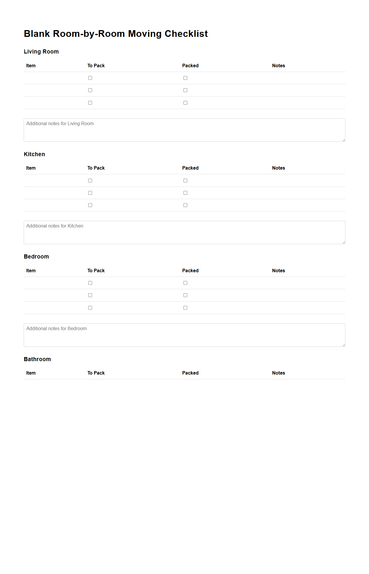 Blank Room-by-Room Moving Checklist