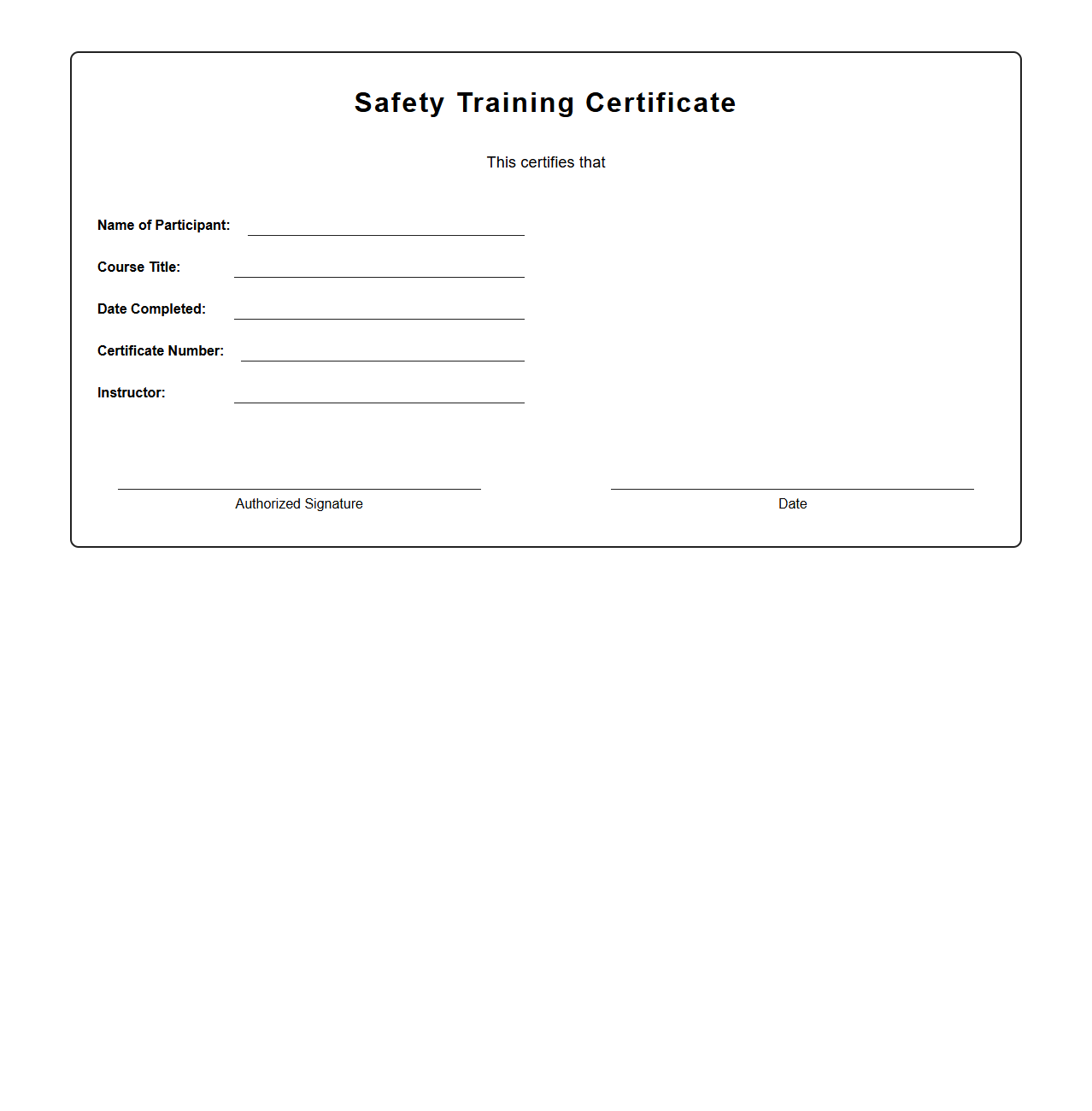 Blank Safety Training Certificate Template