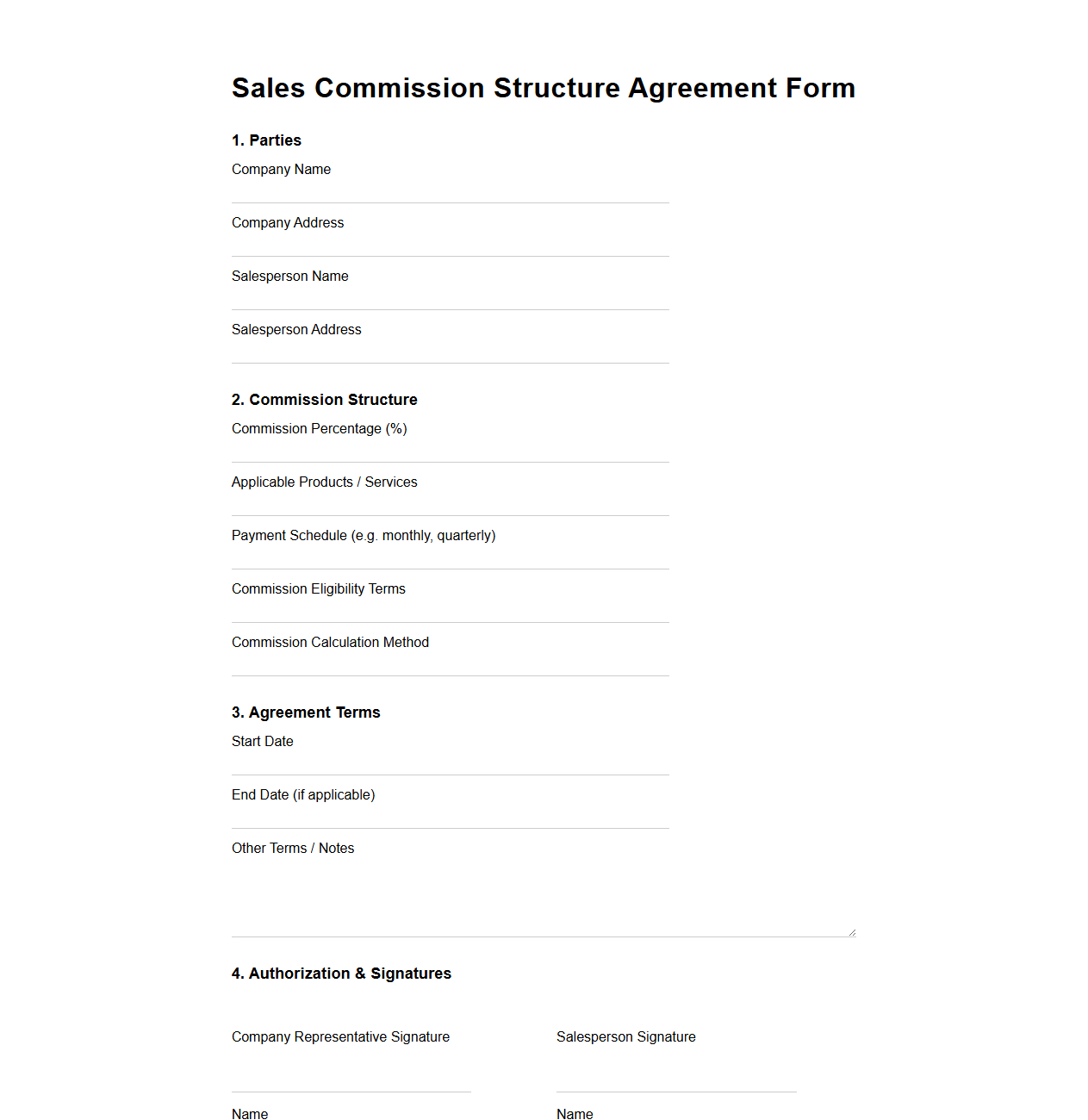 Blank Sales Commission Structure Agreement Form