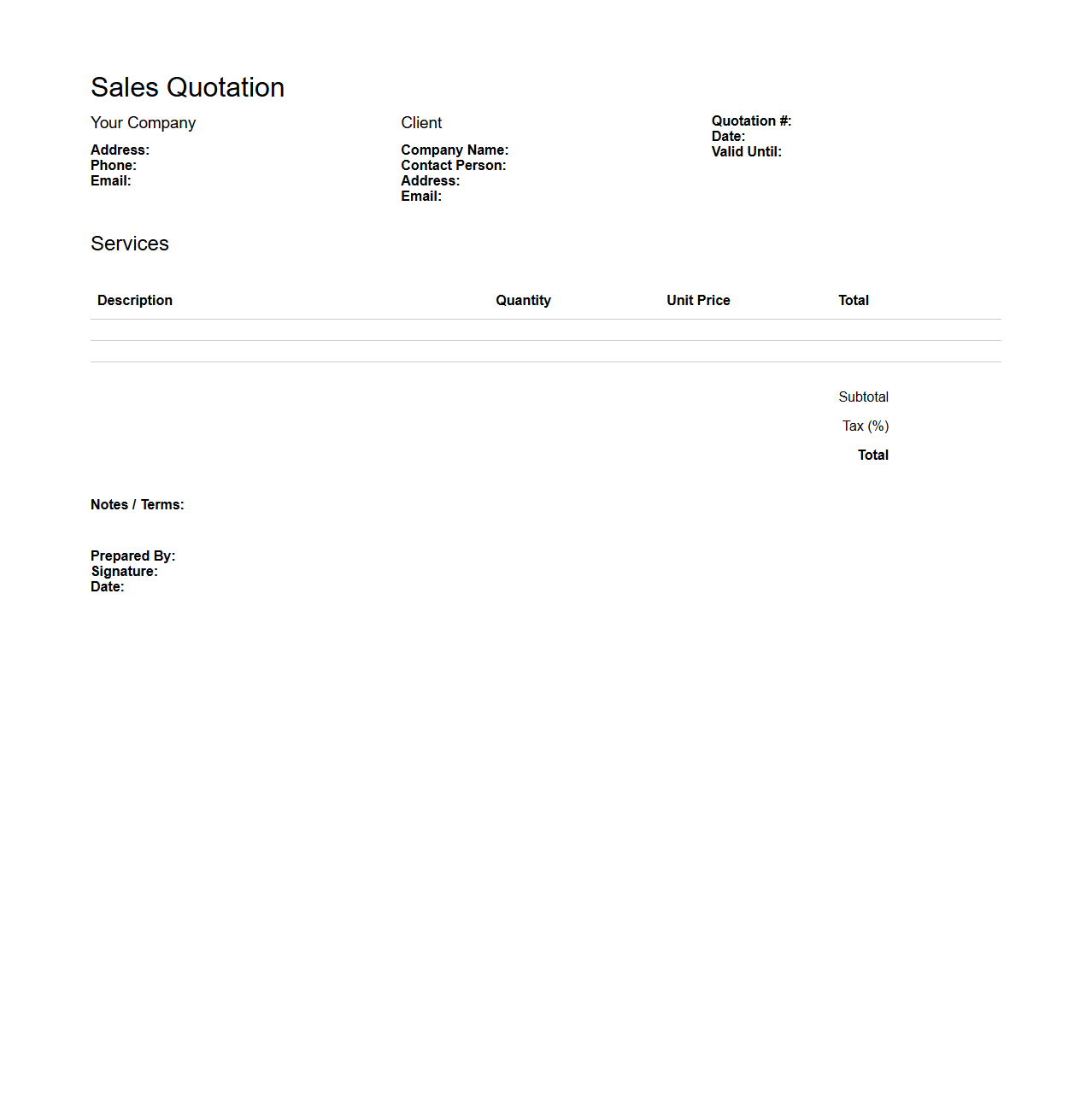 Blank Sales Quotation Template for B2B Services