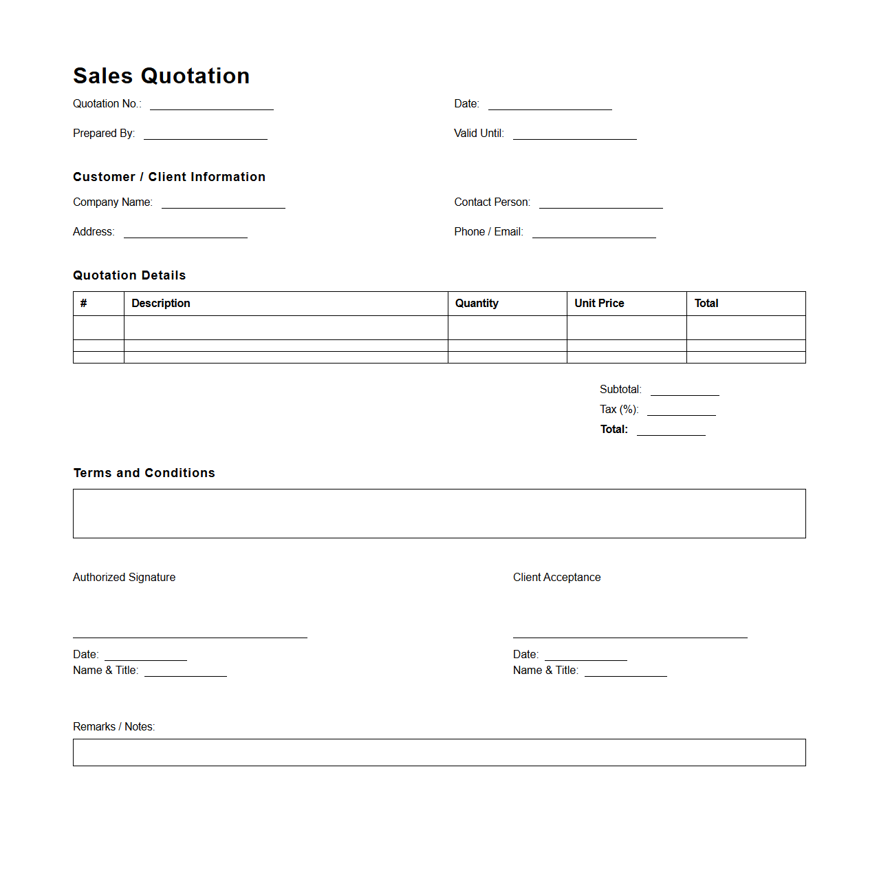 Blank Sales Quotation Template for Contracts