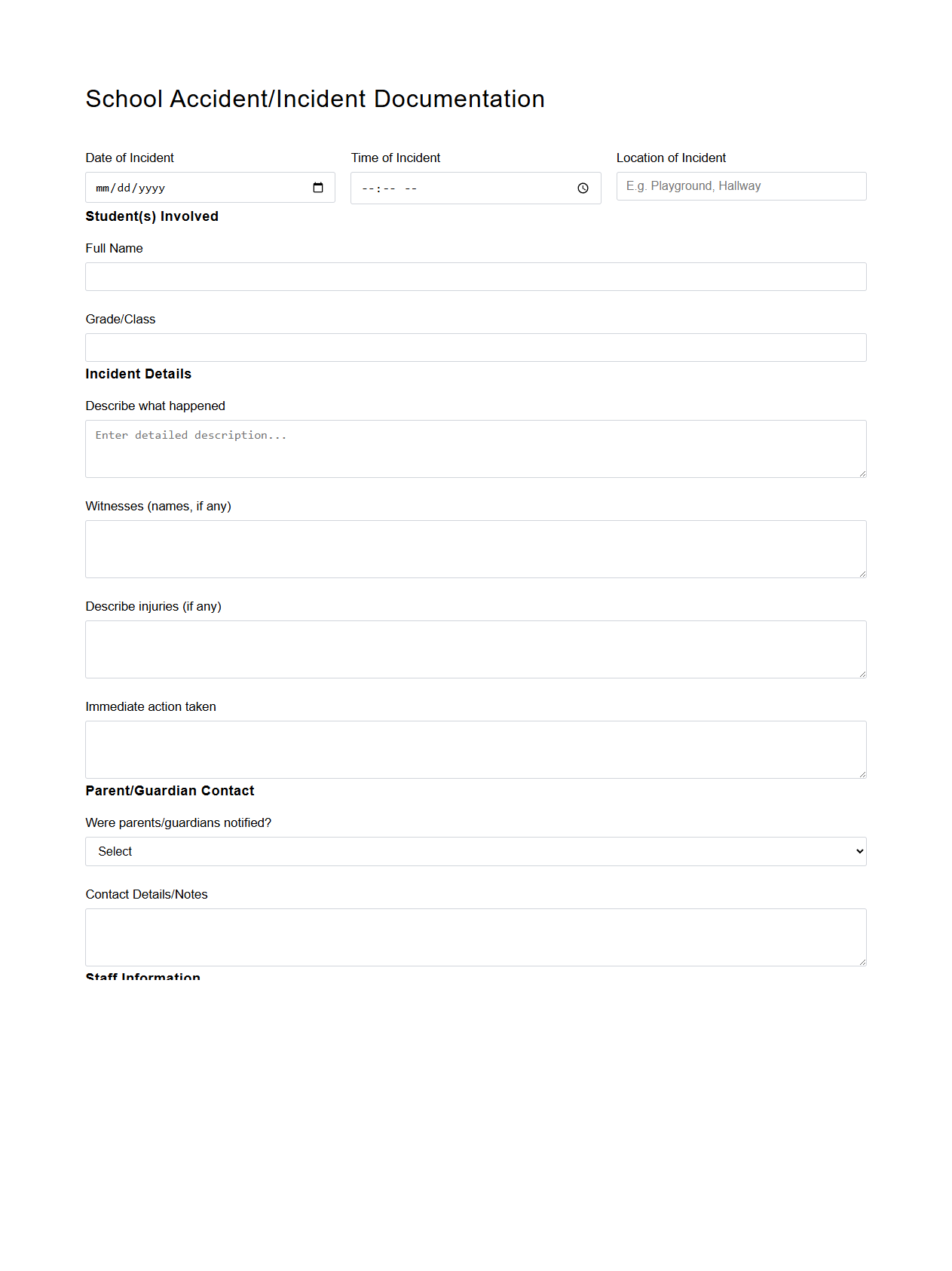 Blank School Accident Incident Documentation