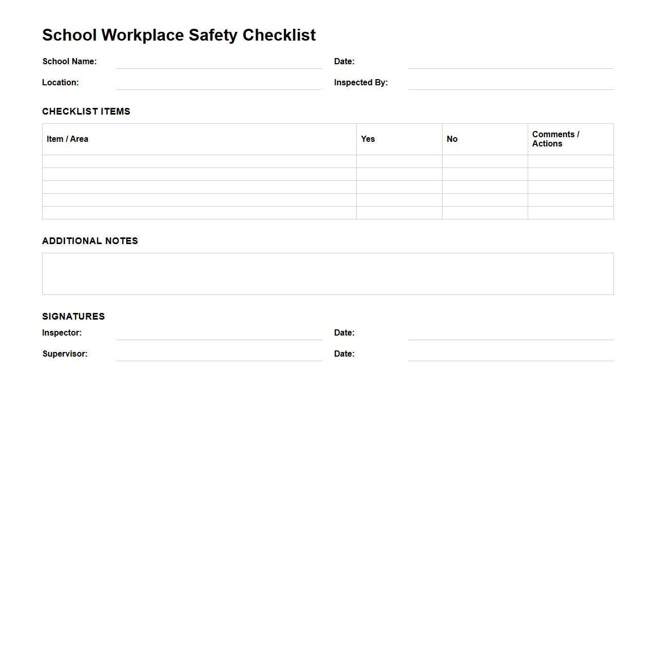Blank School Workplace Safety Checklist Template