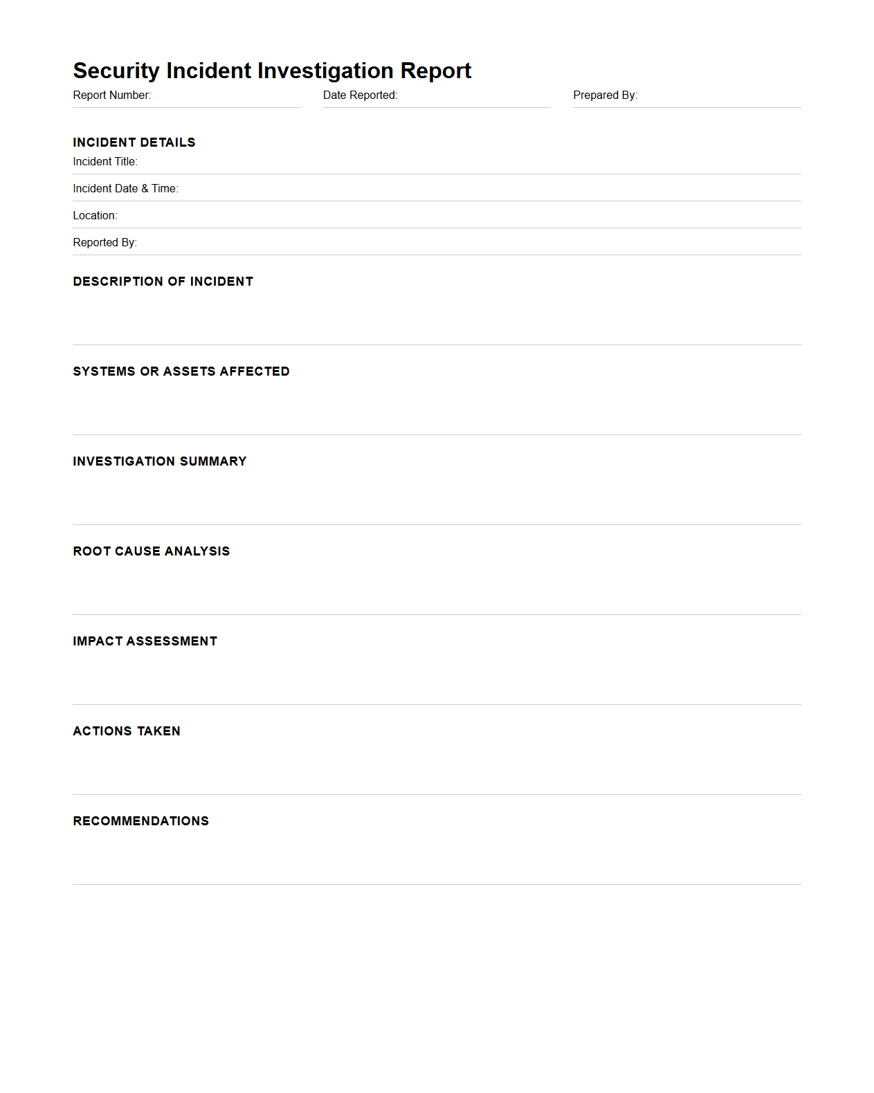 Blank Security Incident Investigation Report