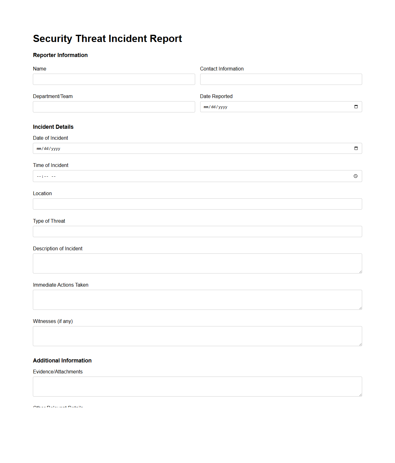 Blank Security Threat Incident Report Template
