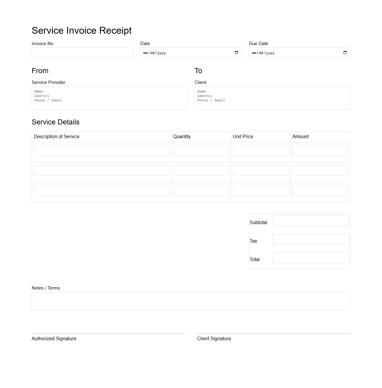 Blank Service Invoice Receipt for Transaction Records