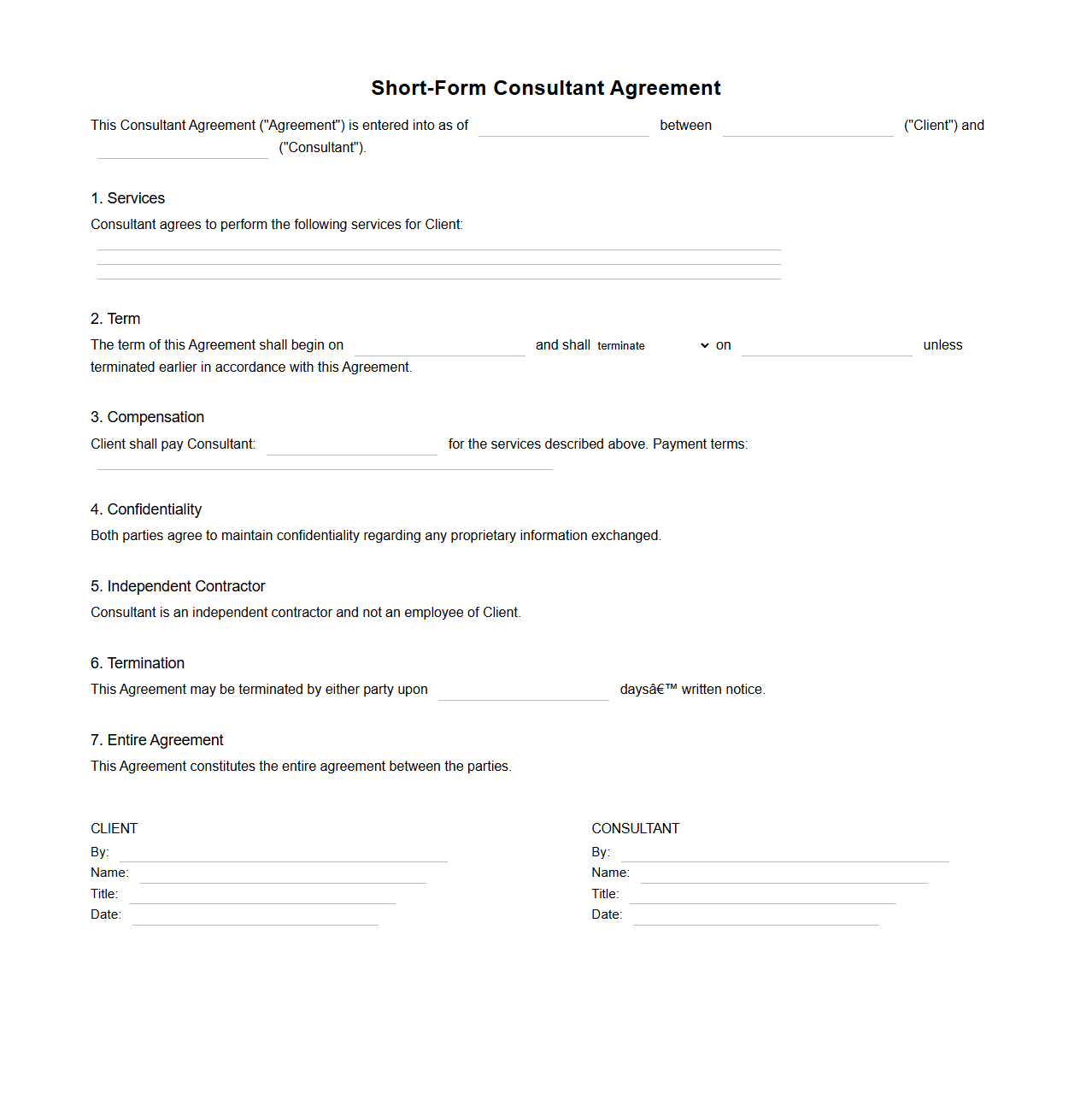 Blank Short-Form Consultant Agreement Template