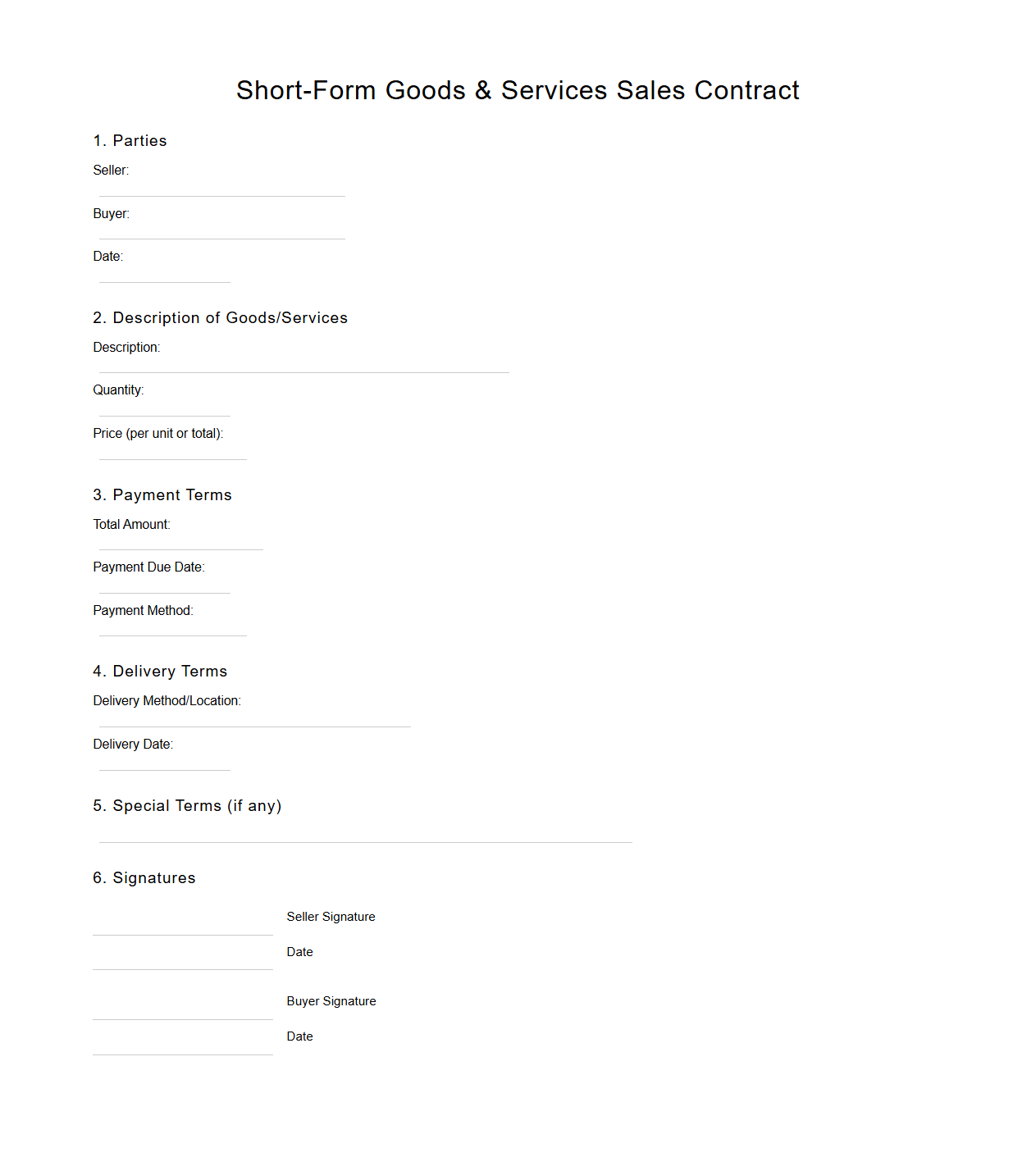 Blank Short-Form Goods and Services Sales Contract