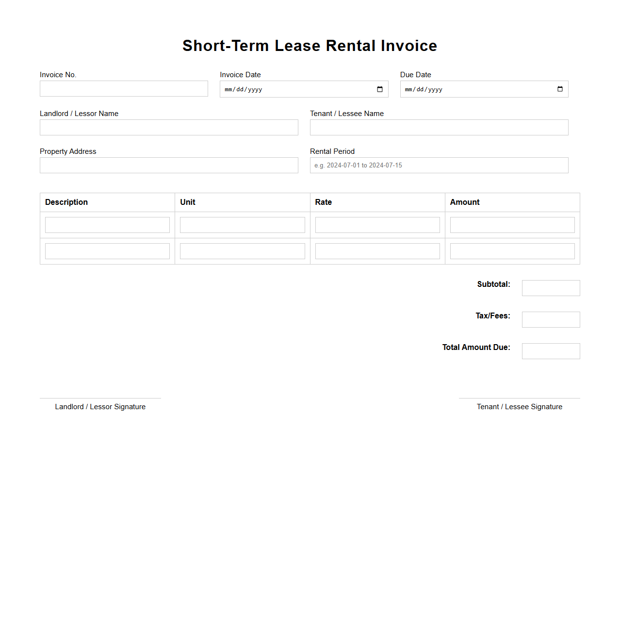 Blank Short-Term Lease Rental Invoice Template