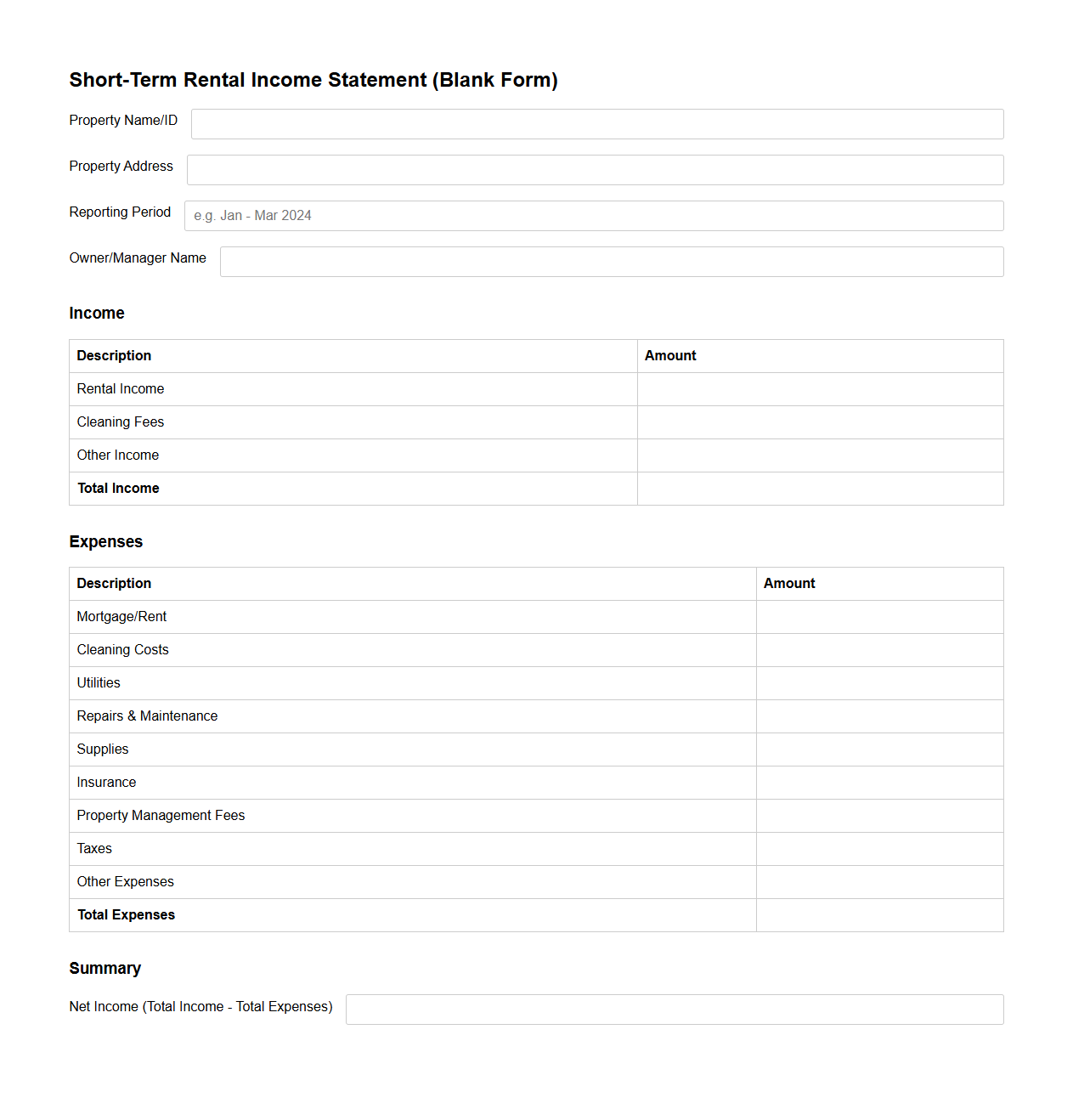 Blank Short-Term Rental Income Statement Form