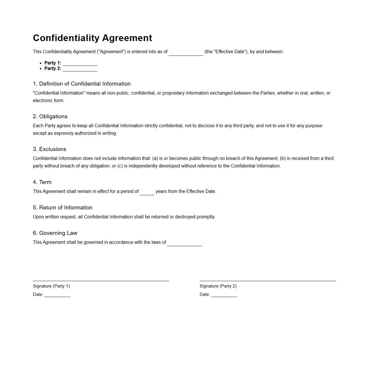 Blank Simple Confidentiality Agreement Template for Two Parties