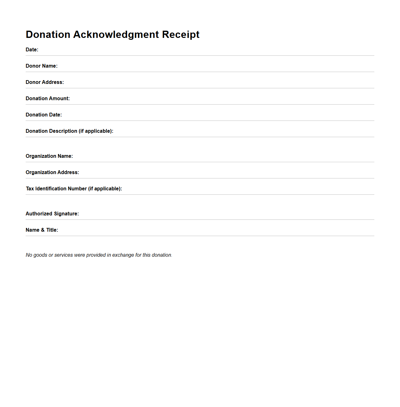 Blank Simple Nonprofit Donation Acknowledgment Template