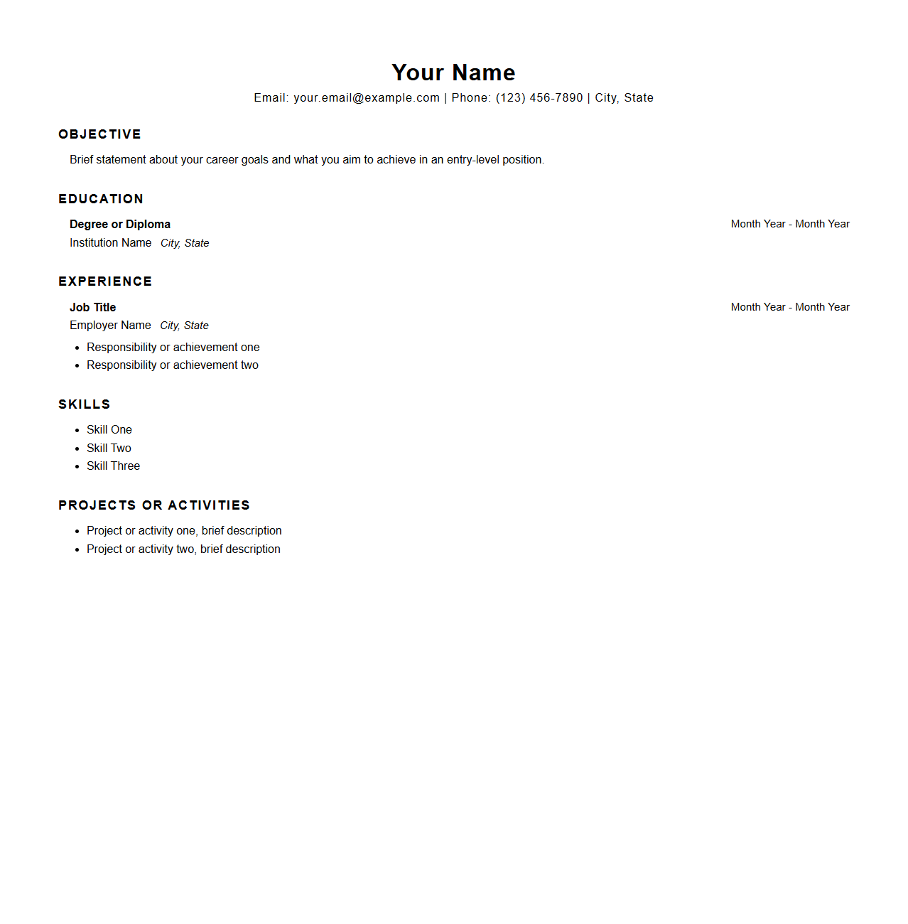 Blank Simple Resume Template for Entry-Level Jobs