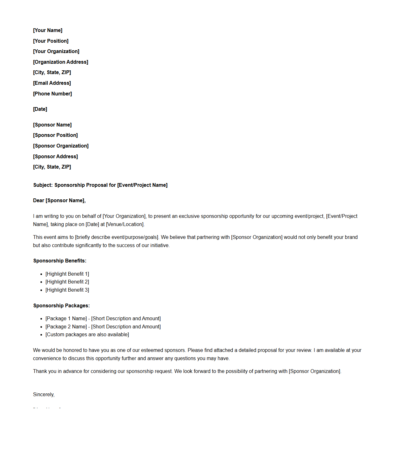 Blank Sponsorship Proposal Letter Template