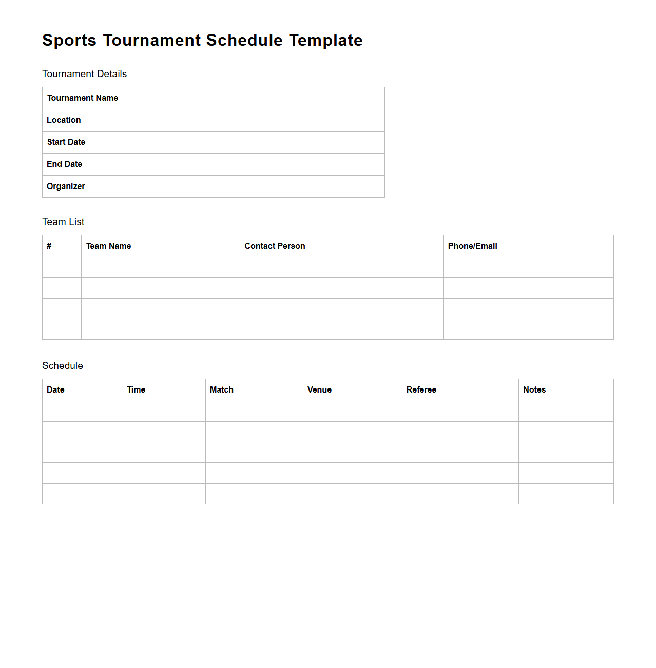 Blank Sports Tournament Schedule Template for Managers