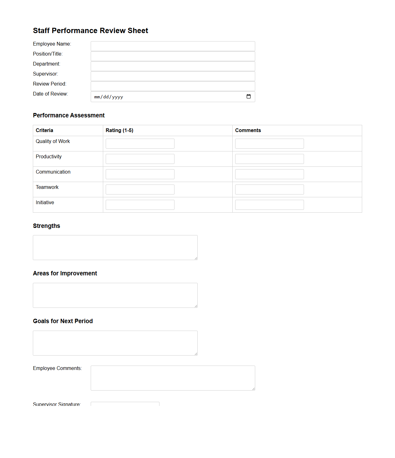 Blank Staff Performance Review Sheet