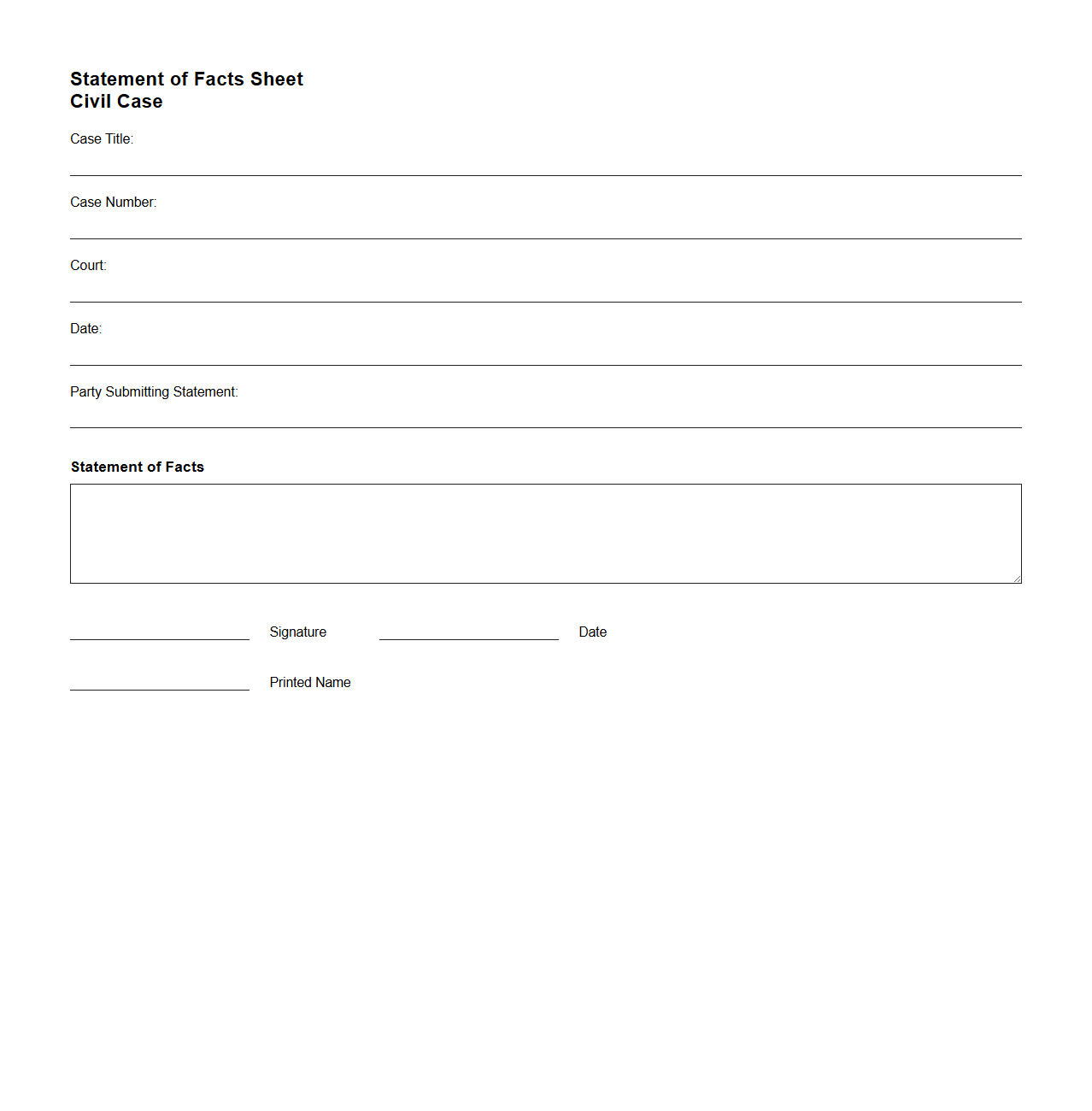Blank Statement of Facts Sheet for Civil Case