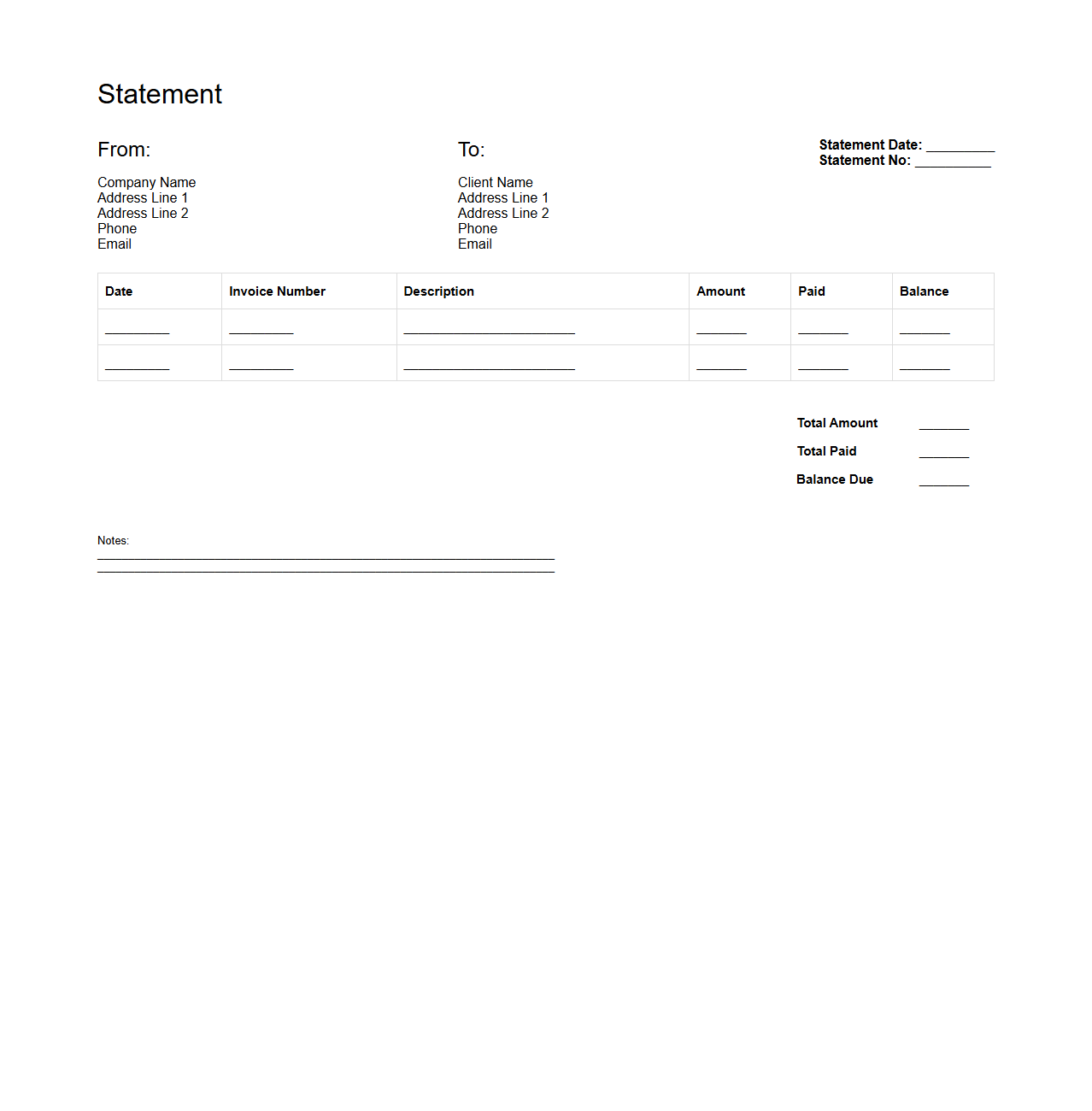 Blank Statement Template for Invoice Billing