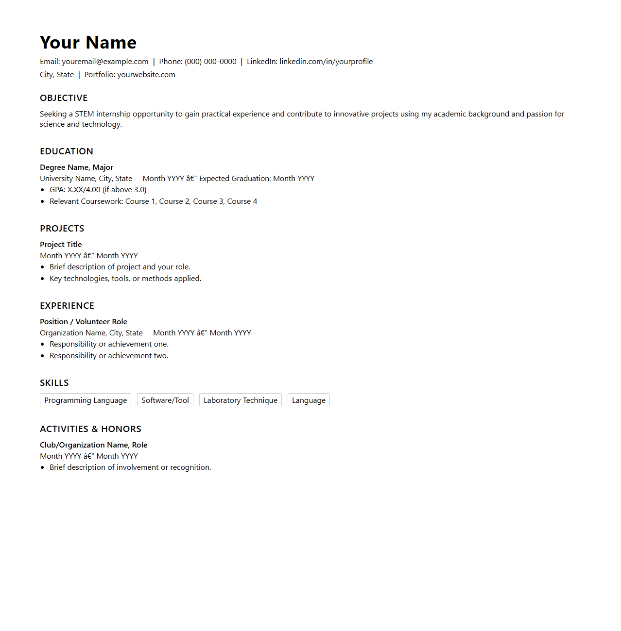 Blank STEM Internship Resume Template