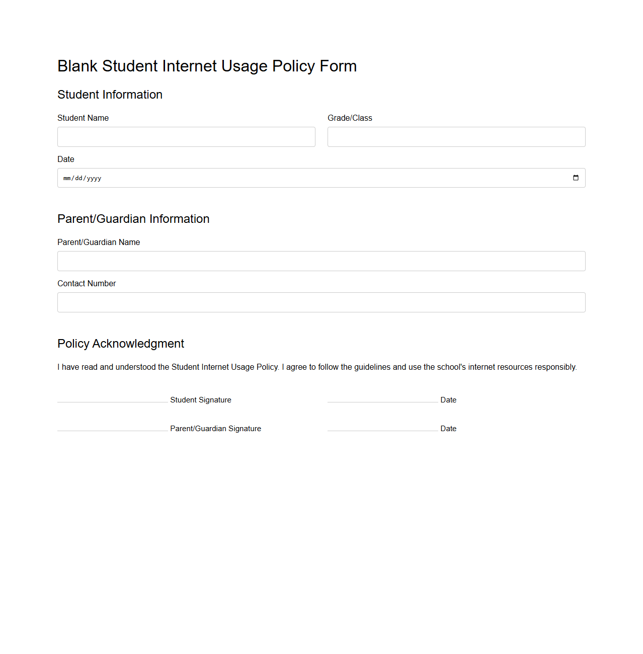 Blank Student Internet Usage Policy Form