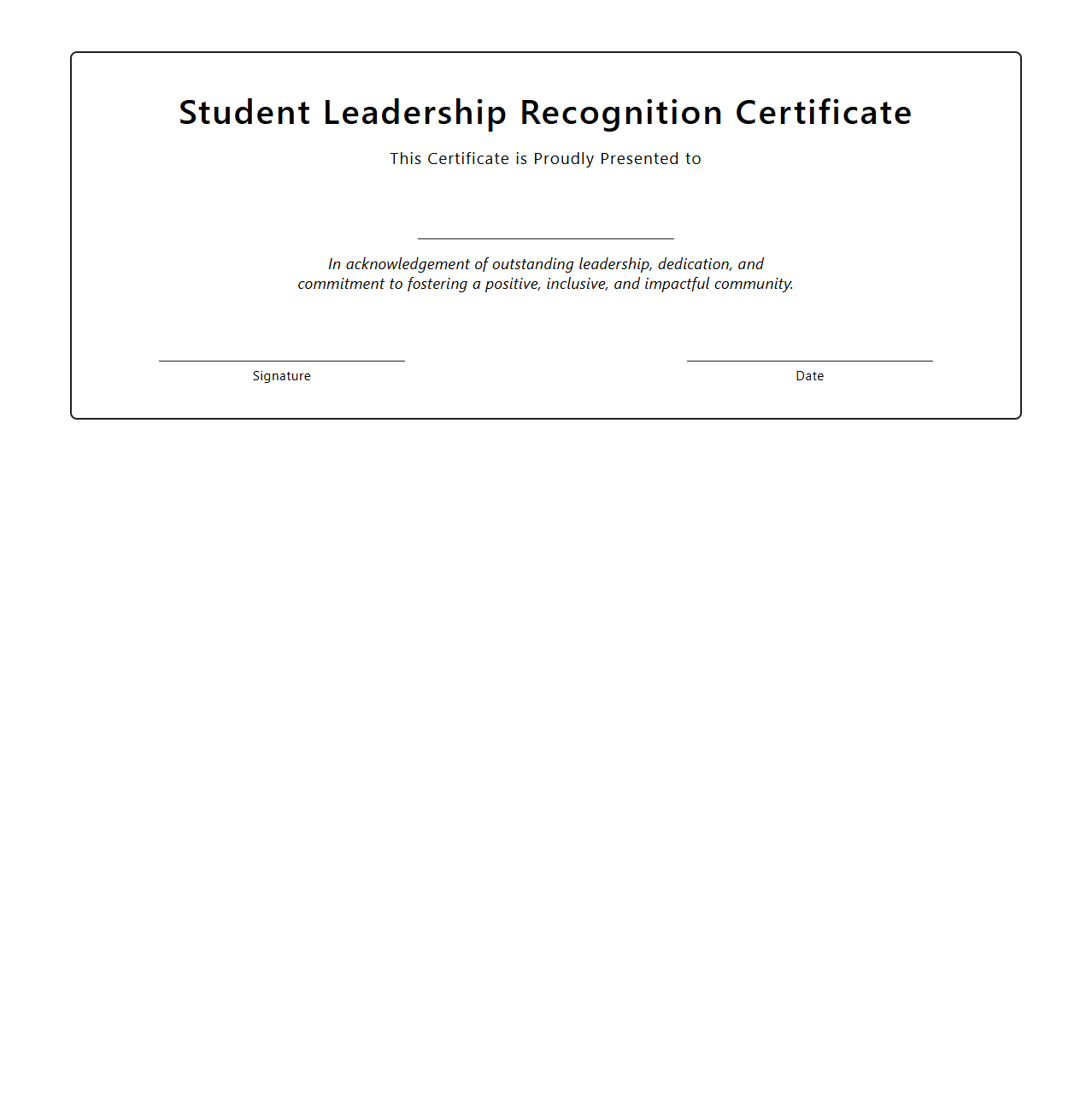 Blank Student Leadership Recognition Certificate