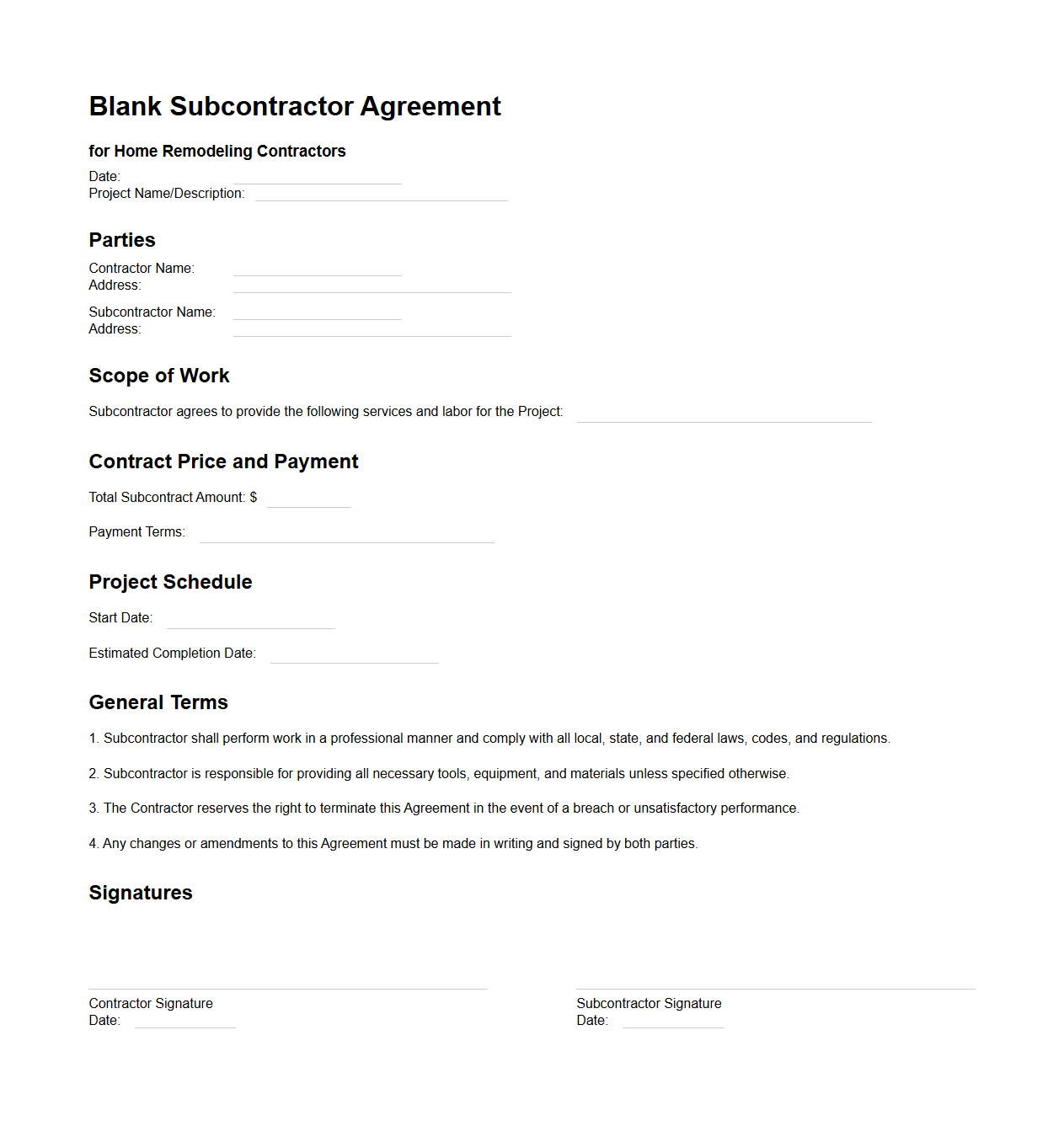 Blank Subcontractor Agreement for Home Remodeling Contractors