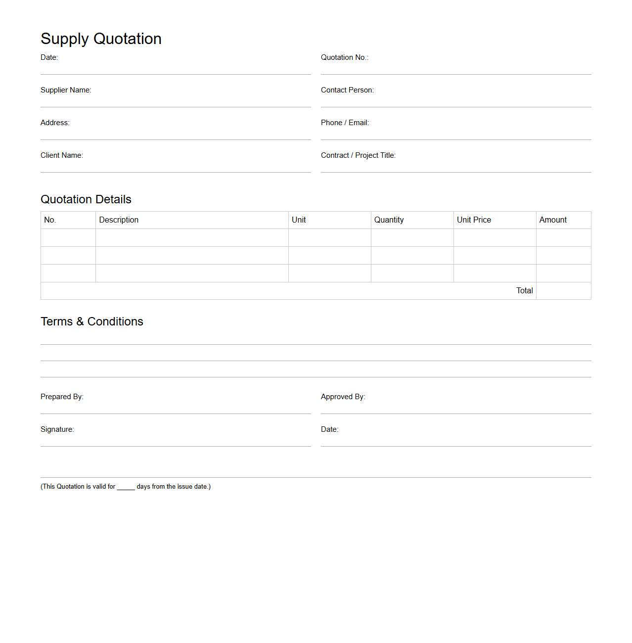 Blank Supply Quotation Template for Contracts