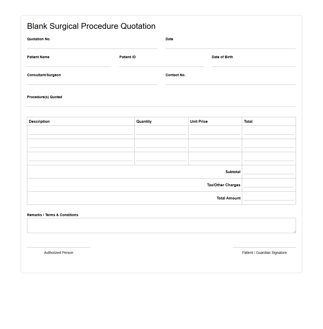 Blank Surgical Procedure Quotation Document
