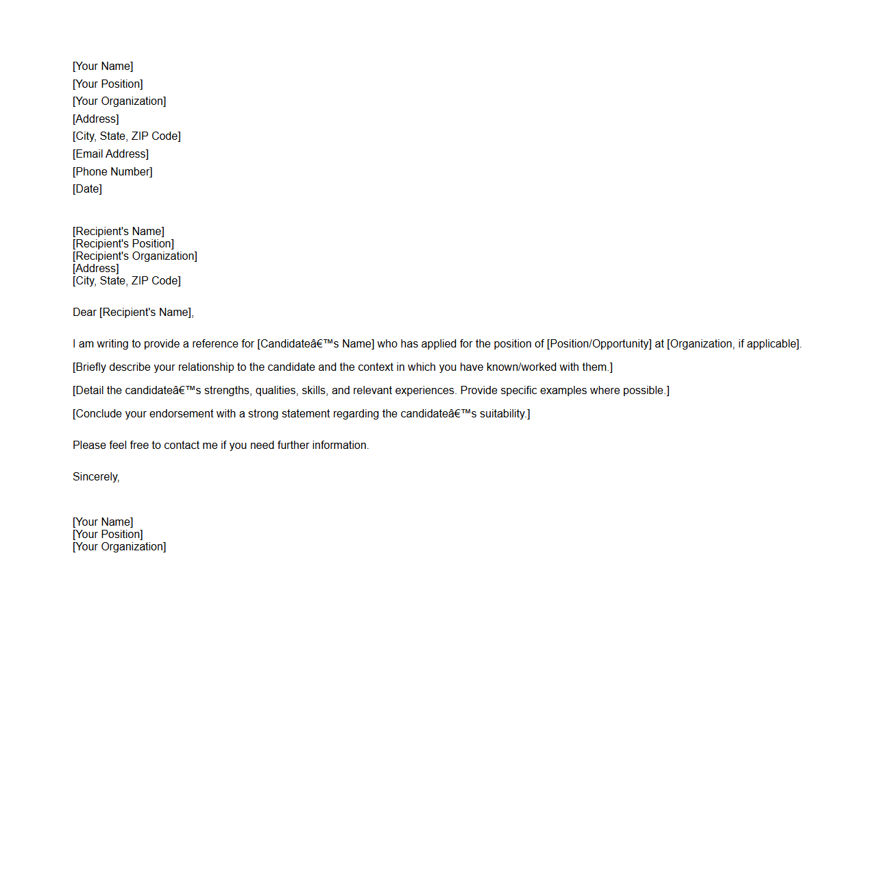 Blank Template for Reference Letter Format