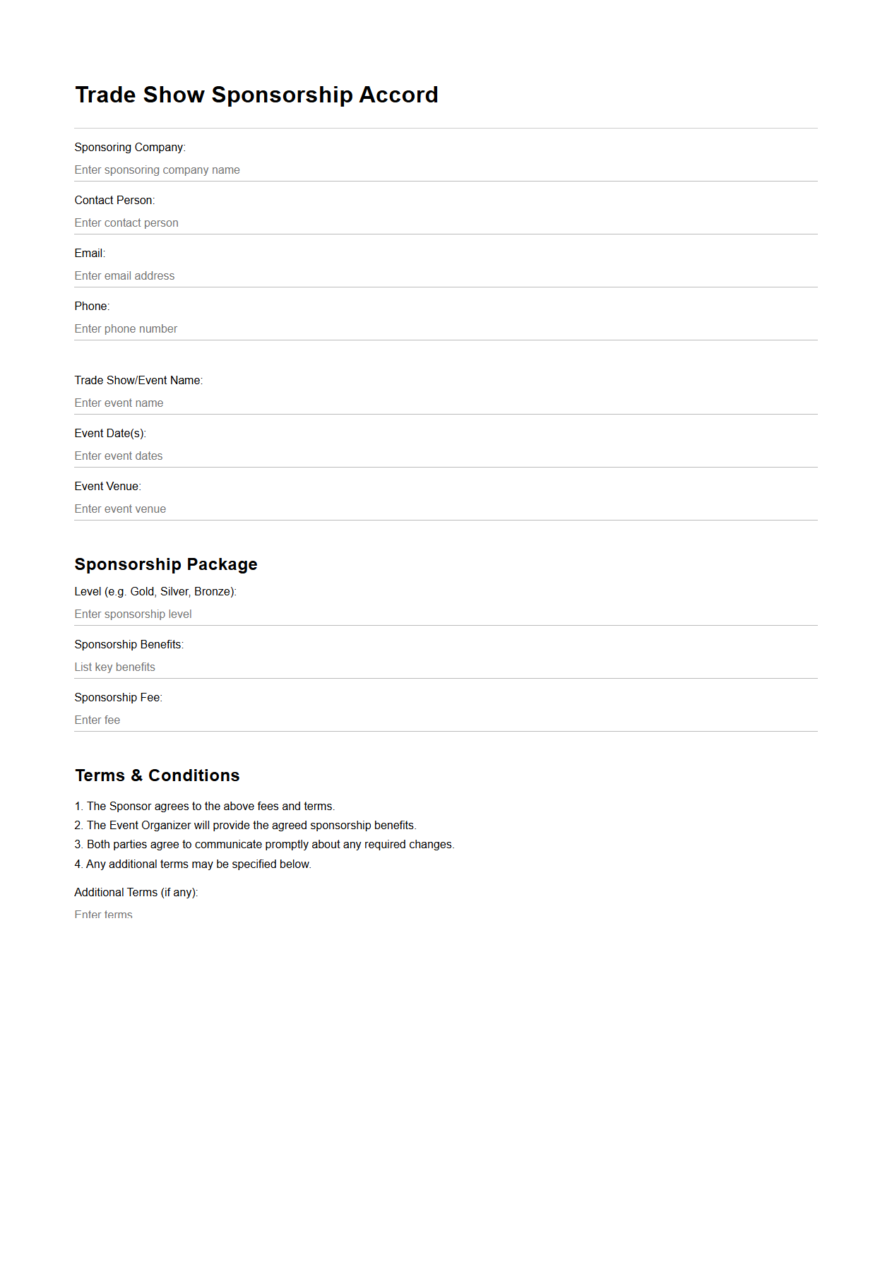 Blank Trade Show Sponsorship Accord Template