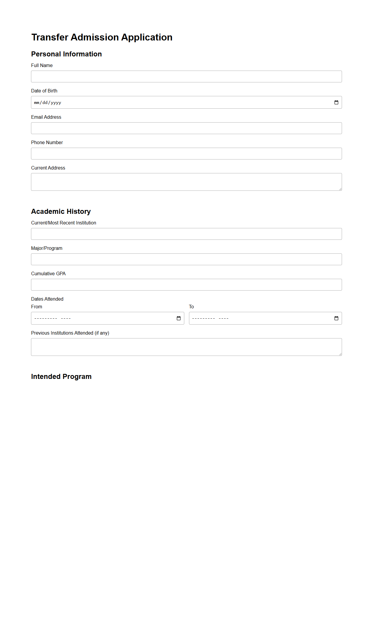 Blank Transfer Admission Application for Higher Education