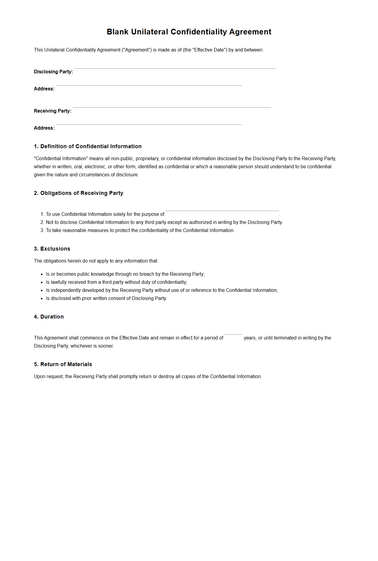 Blank Unilateral Confidentiality Agreement Template for Parties