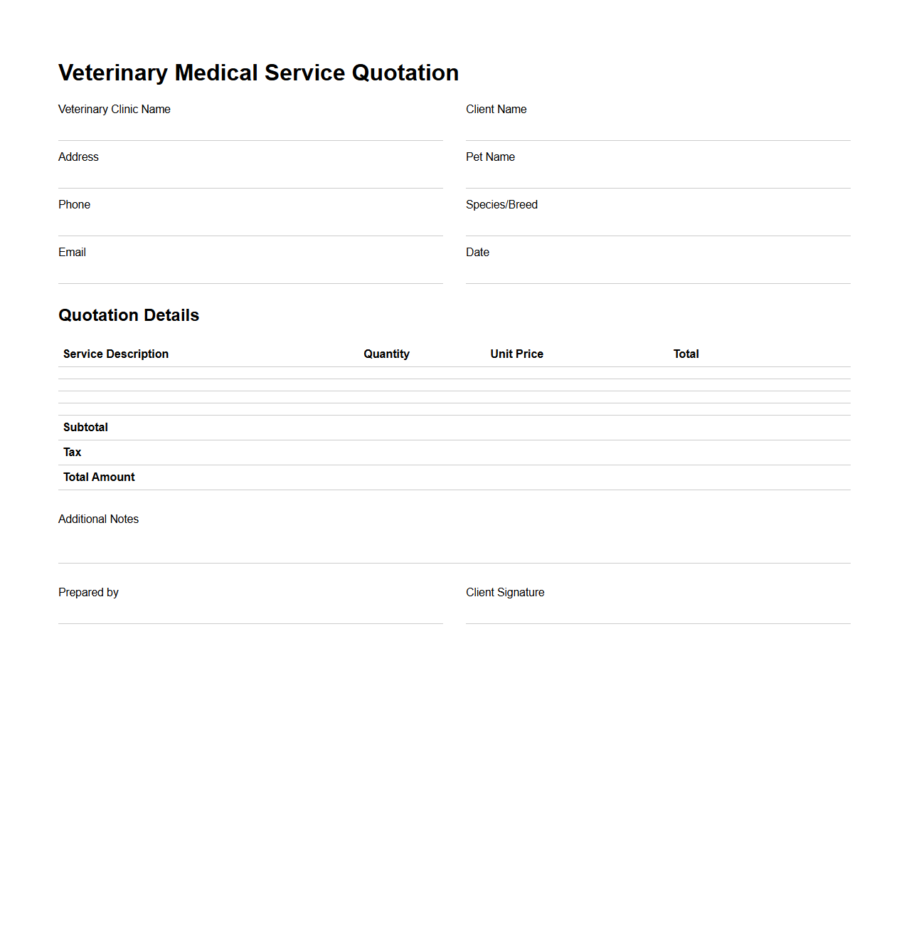 Blank Veterinary Medical Service Quotation Template