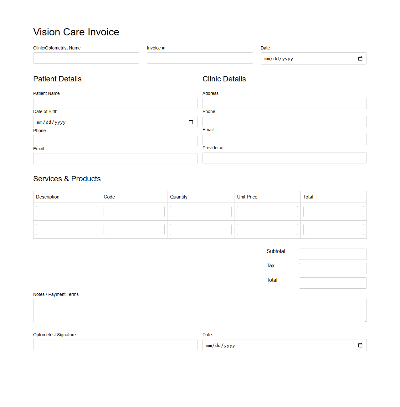 Blank Vision Care Invoice Template for Optometrists