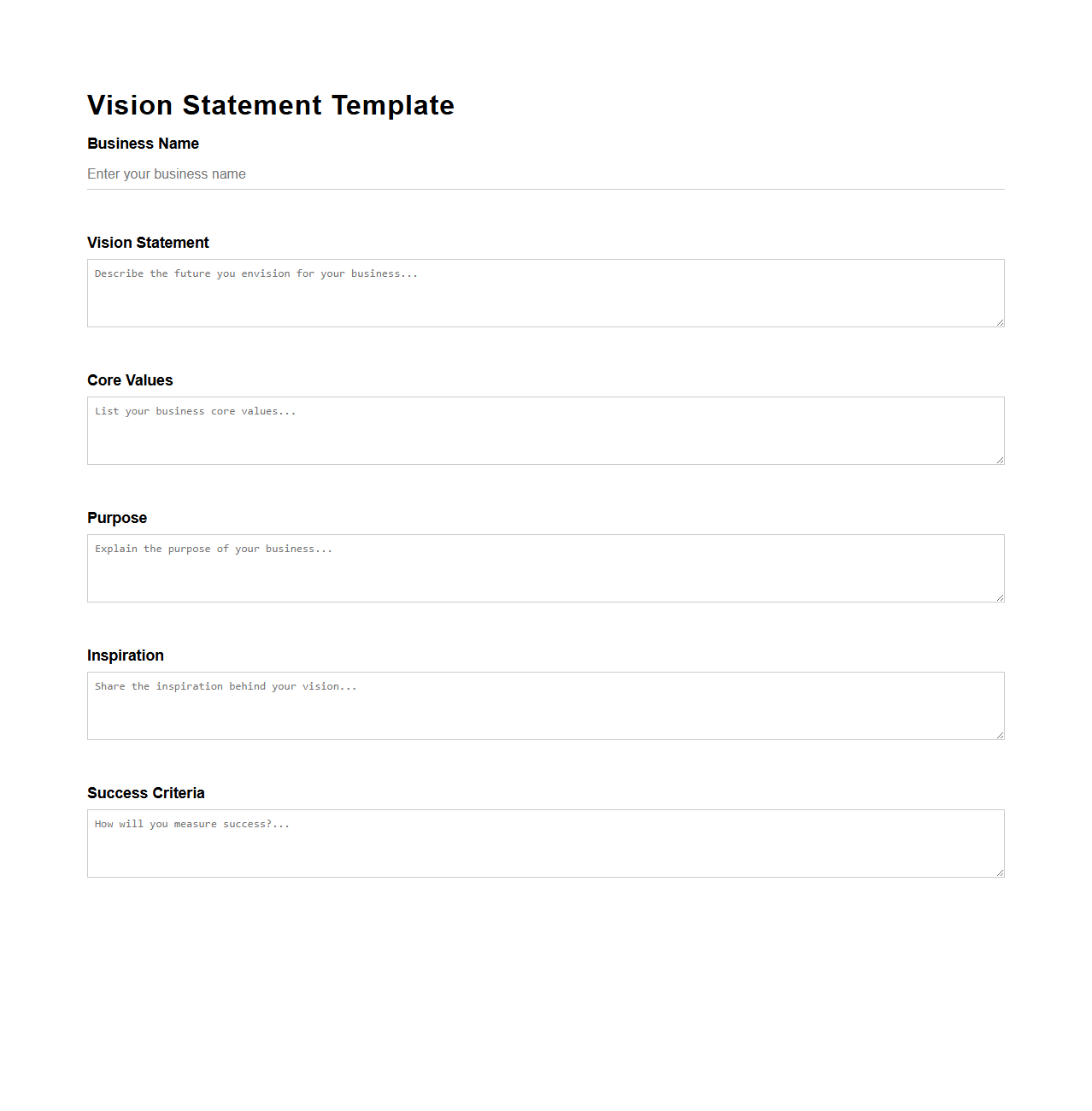 Blank Vision Statement Template for Small Business Owners