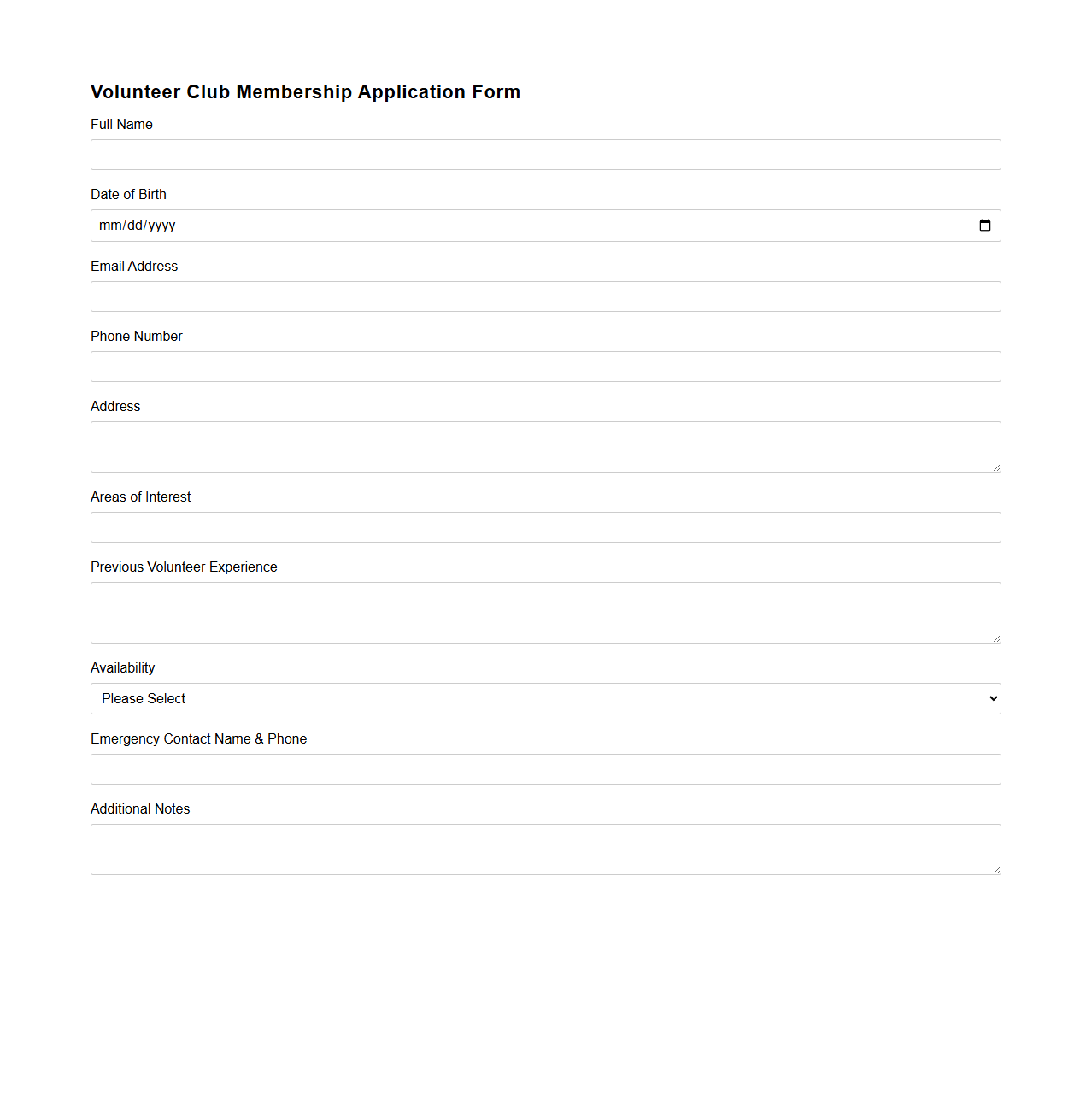 Blank Volunteer Club Membership Application Form