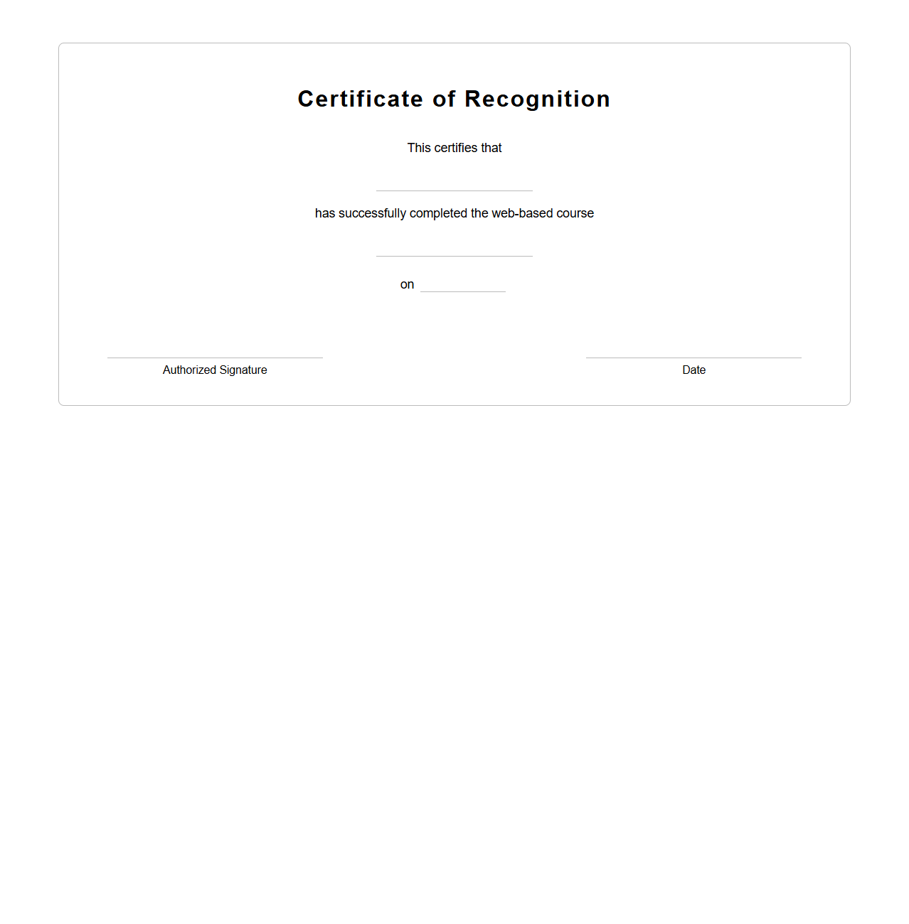 Blank Web-Based Course Recognition Certificate Format