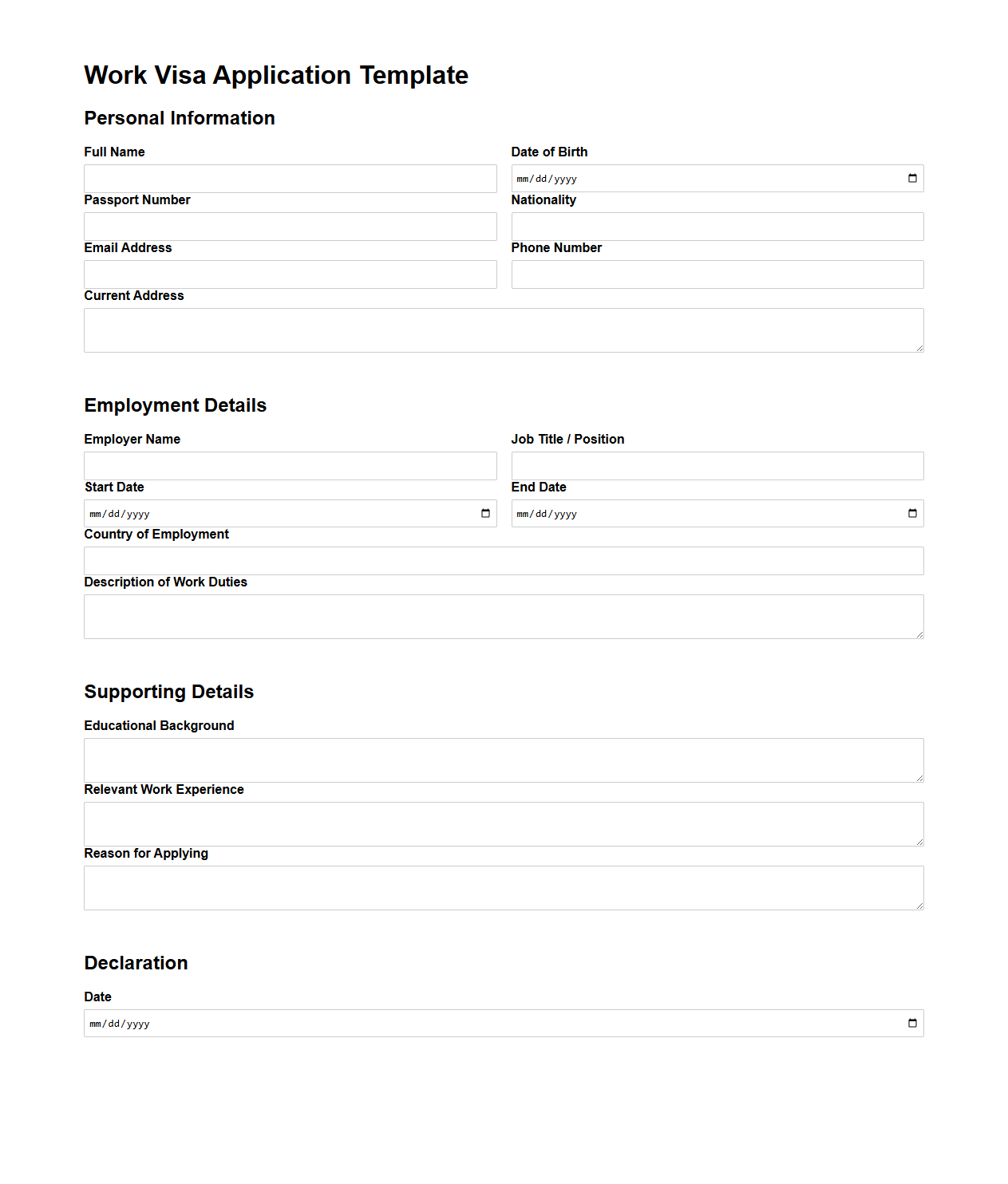 Blank Work Visa Application Template for Employment Abroad