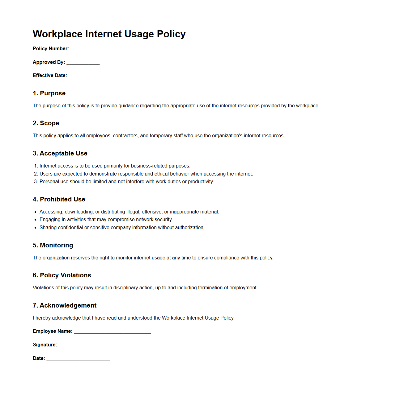 Blank Workplace Internet Usage Policy Template