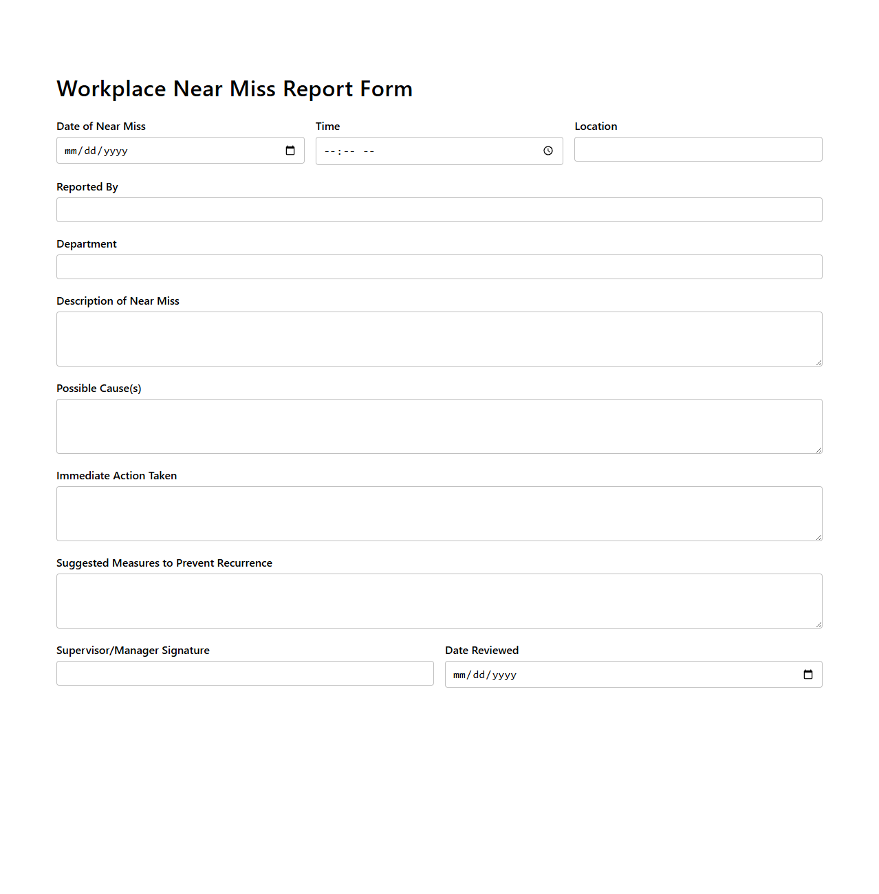 Blank Workplace Near Miss Report Form