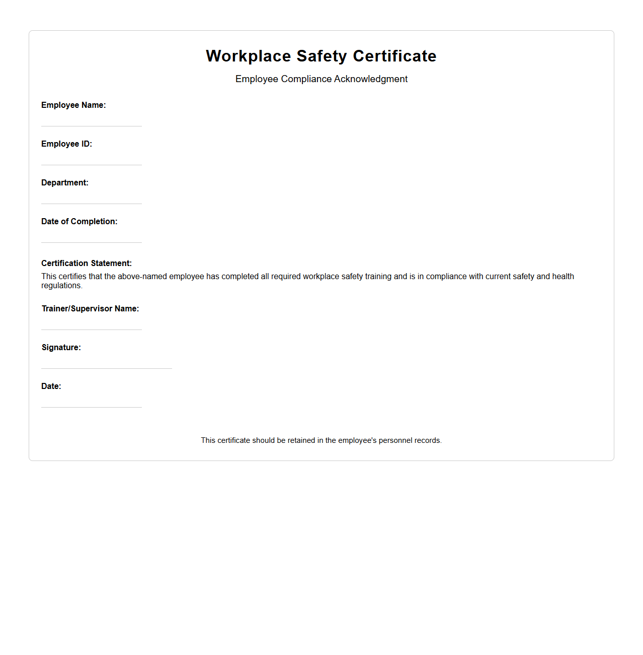 Blank Workplace Safety Certificate Template for Employee Compliance